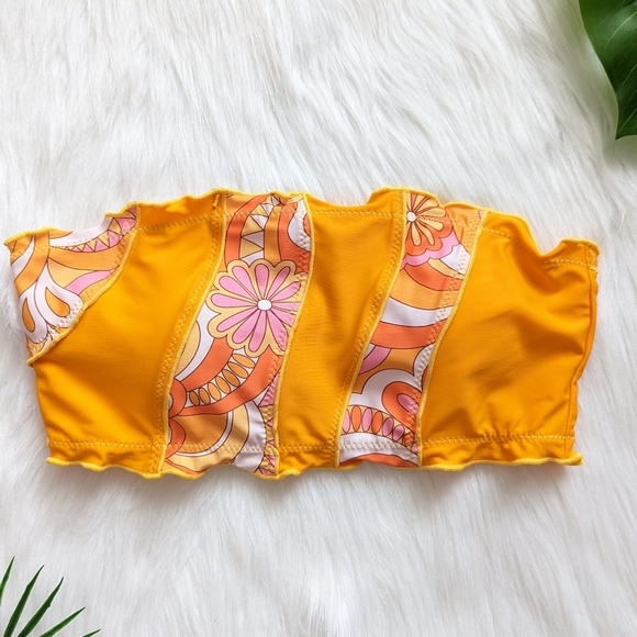 Orange pink & white abstract color block floral strapless bikini top size M L - Picture 3 of 5